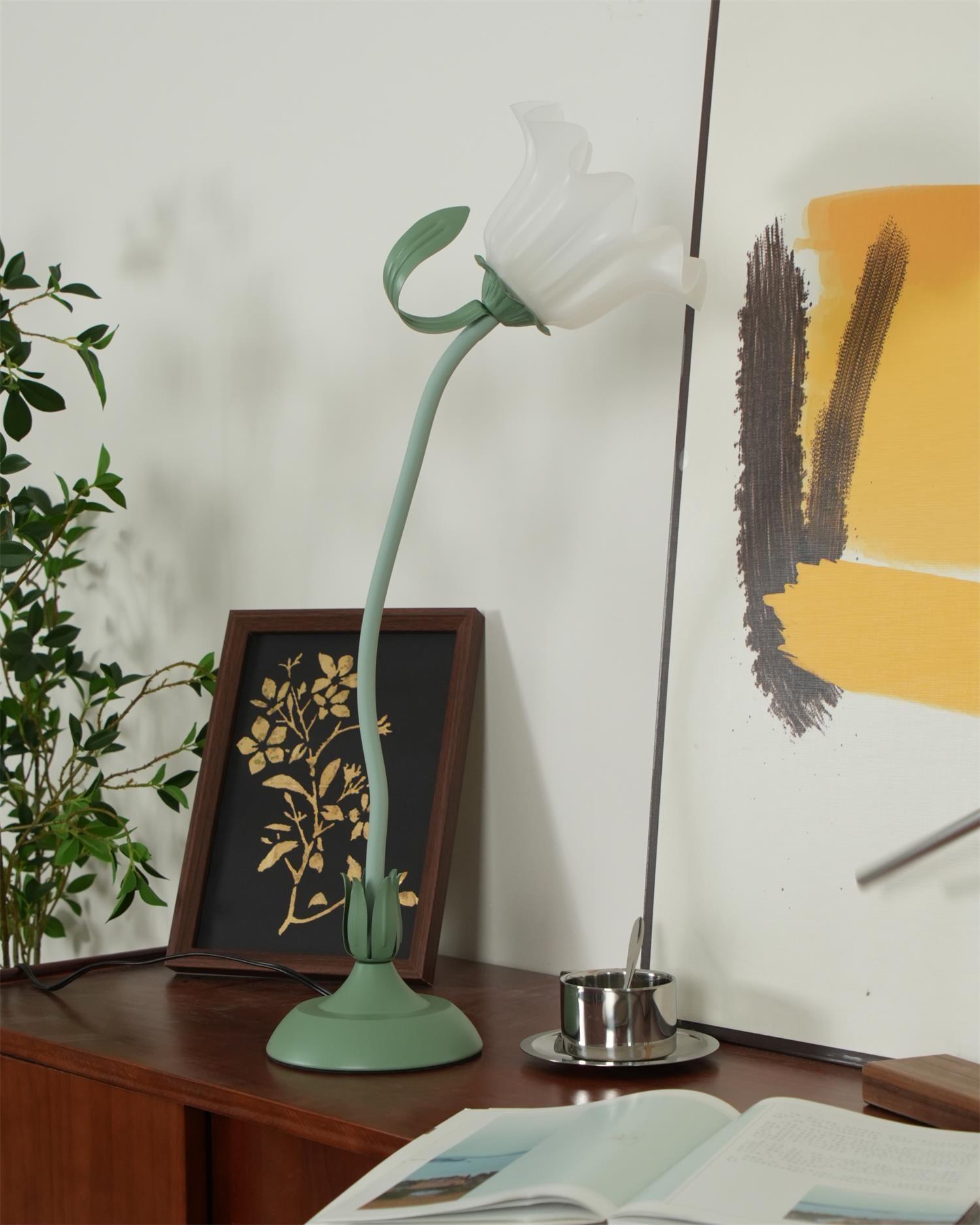 Lily flower table lamp with sage green metal frame and acrylic silica gel shade