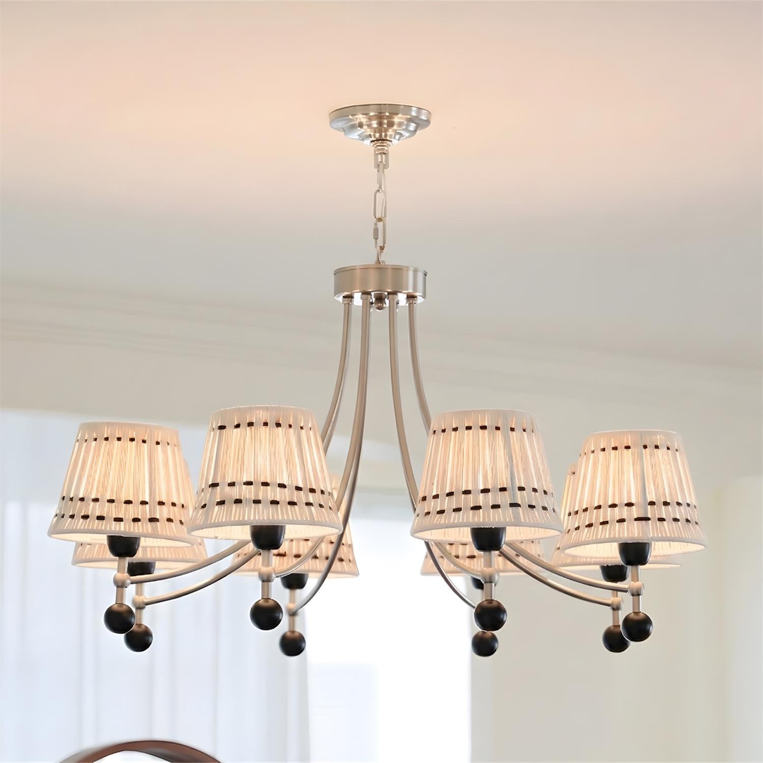 8-Head Woven Fabric Chandelier in Brushed Nickel - Large Format Modern Luxury Lighting Fixture
