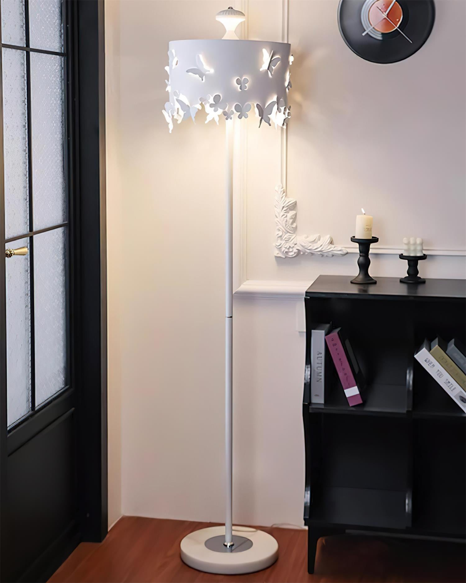 Elegant white butterfly floor lamp with marble base and chrome metal finish, complete product presentation view