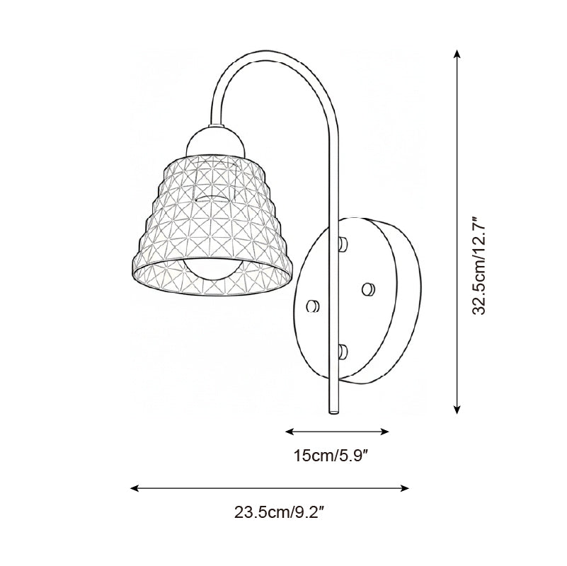Lysora wall sconce product specification, faceted pyramid glass shade, technical line art