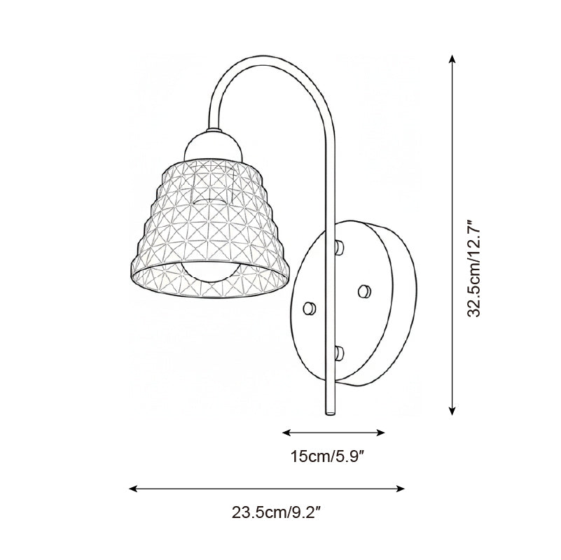 Lysora wall sconce technical drawing, geometric patterned glass shade, product specification