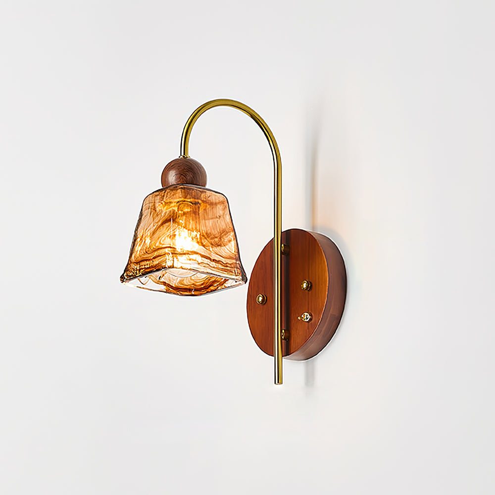 Lysora wall sconce Model F, walnut wood backplate, textured glass, brass hardware fixture
