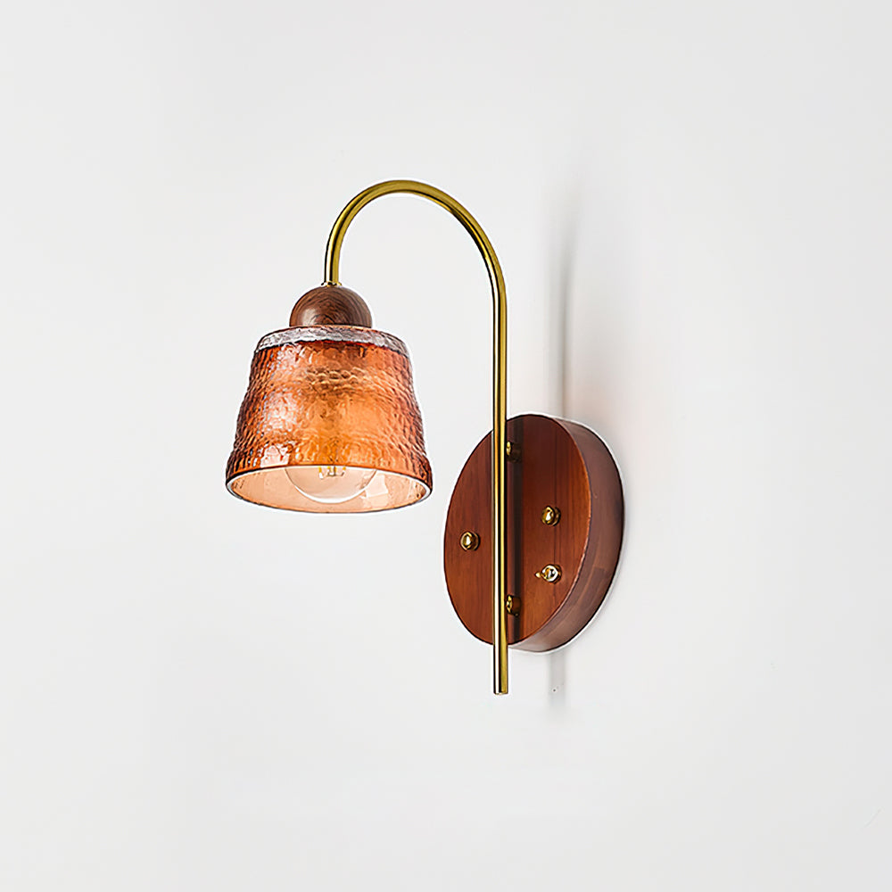 Lysora wall sconce Model D, textured spherical glass, walnut mounting plate, modern elegance