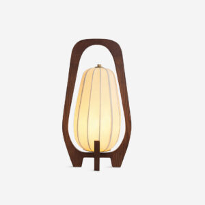 Arched wooden table lamp with walnut frame and segmented cream fabric shade, modern Scandinavian design on white background