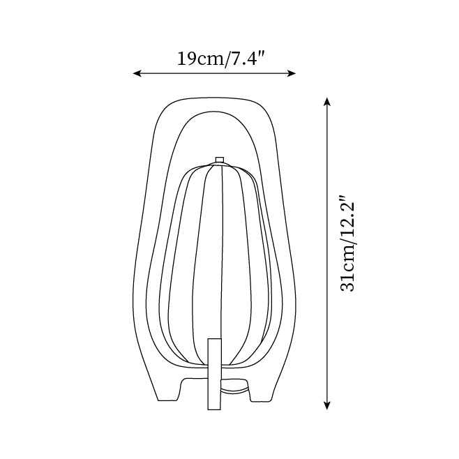 Technical line drawing diagram of Scandinavian wooden table lamp showing dimensions 19cm wide by 31cm tall