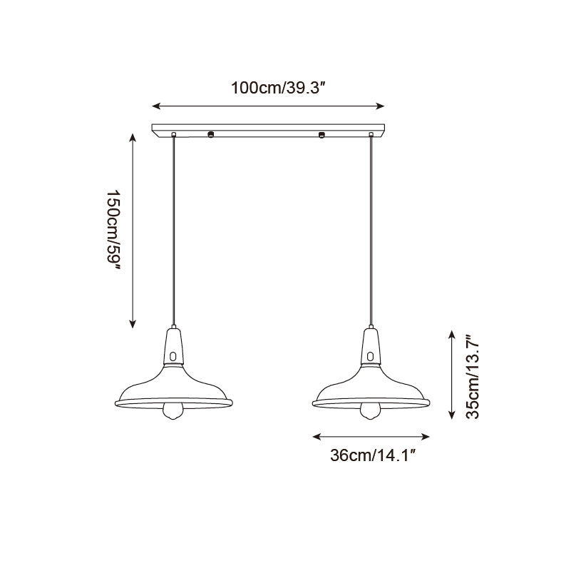 Dual-head pendant light bar schematic showing 100cm bar length, 150cm drop height, 36cm shade diameter