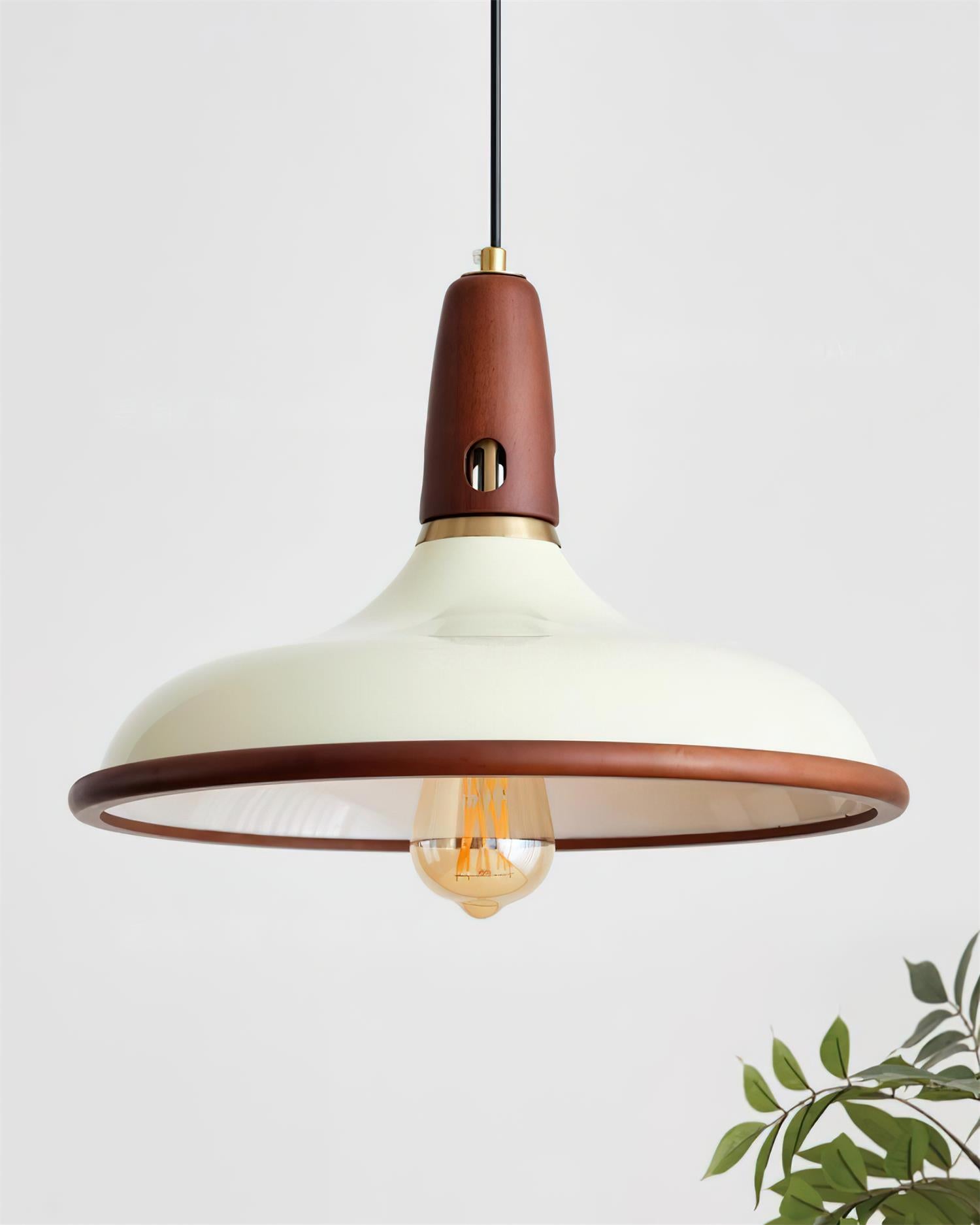 Marvic walnut and beige pendant light close-up detail shot metal hardware wood accents