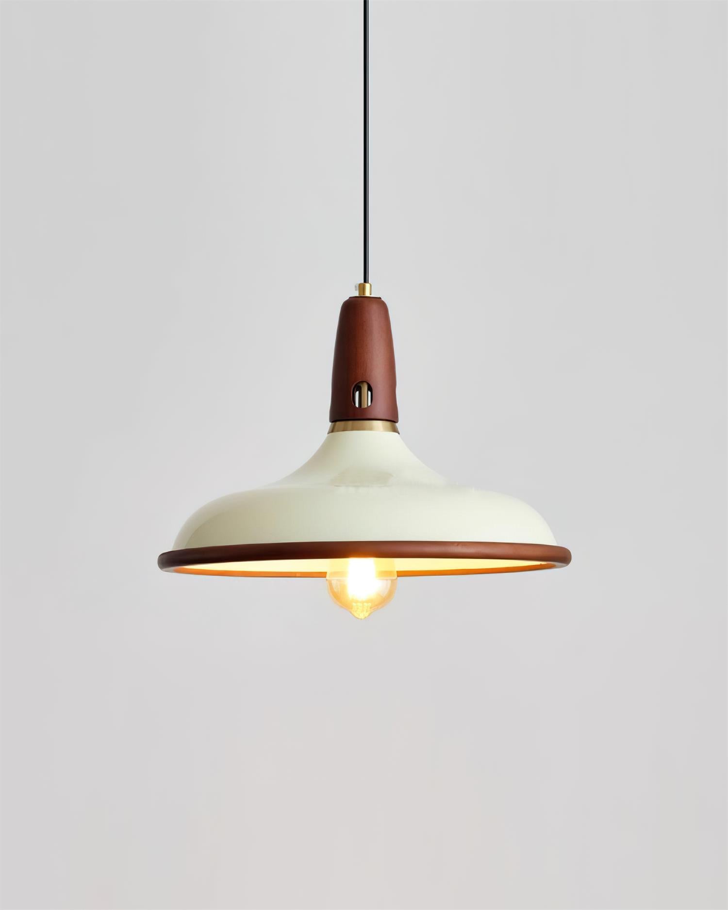 Mid-century modern pendant lamp full view walnut wood and beige aluminum shade combination