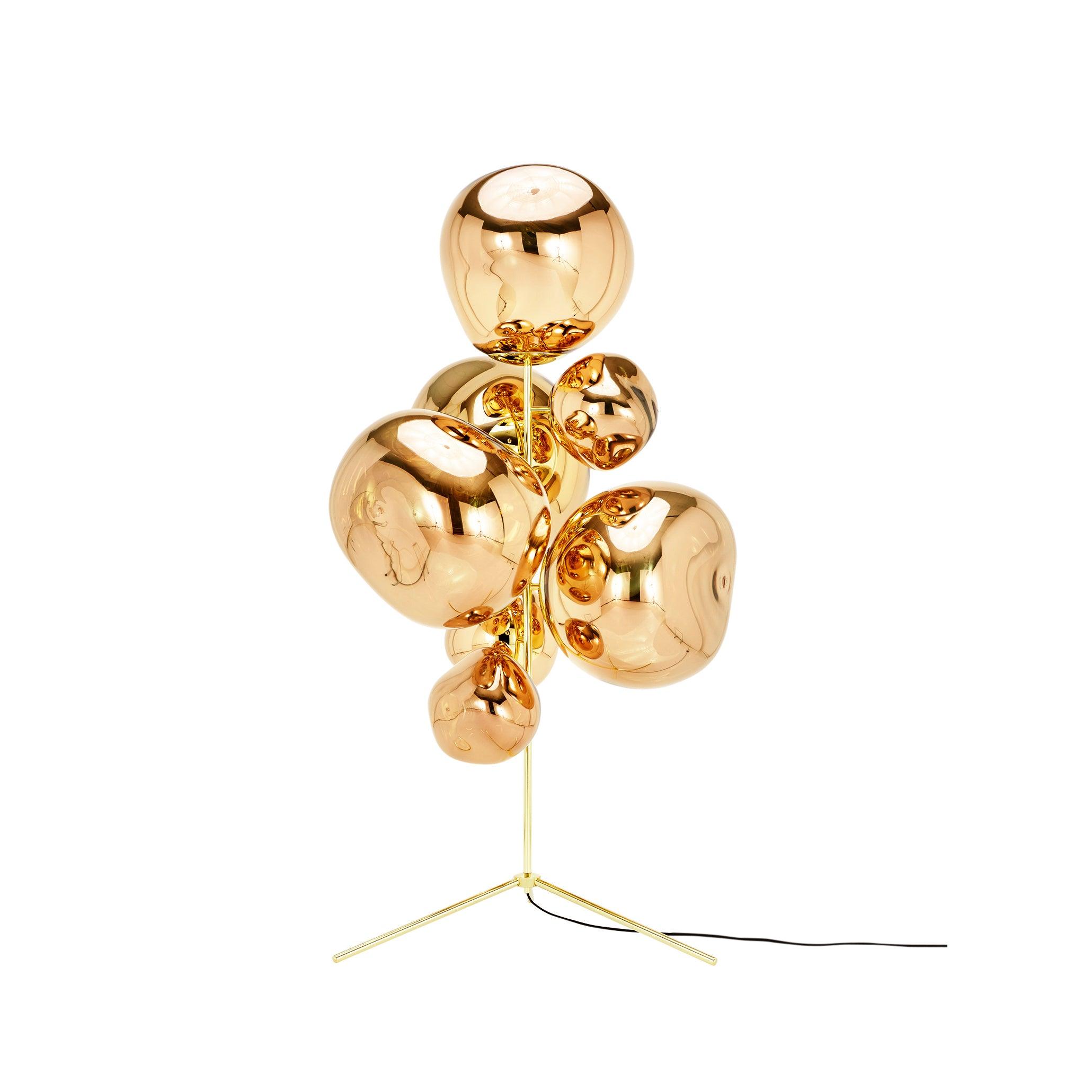 Full view lava bubble floor lamp with multiple mirrored glass shades and metal tripod base