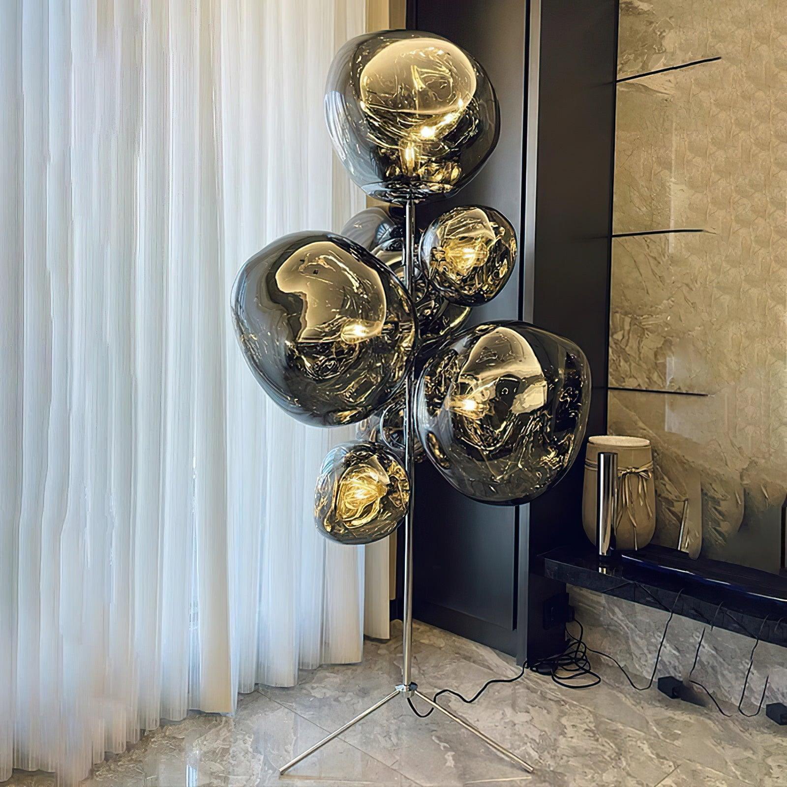 Lava bubble floor lamp detail showing glass shade texture and reflective mirror coating