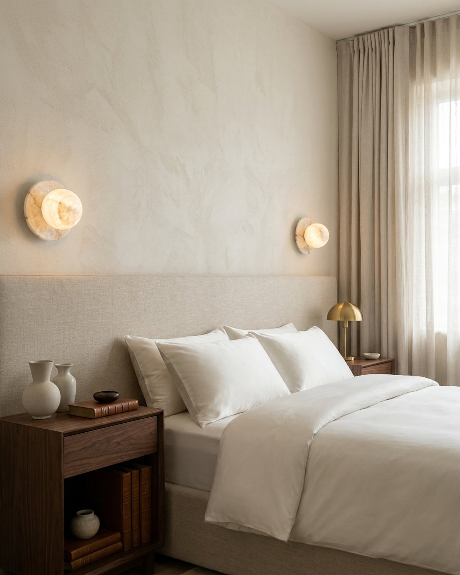 Pair of Mia Ball Alabaster Sconces flanking bed in primary bedroom with wood nightstands, dual ambient fixtures