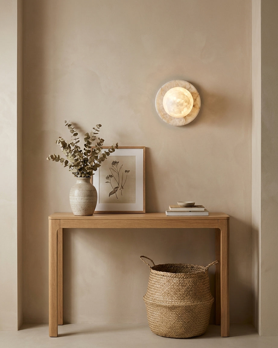 Mia Ball Alabaster Wall Sconce glowing detail showing internal crystalline alabaster patterns when illuminated with G9 LED bulb
