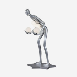 Milly humanoid sculpture floor lamp with frosted glass orbs, silver finish, front angled view against white backdrop