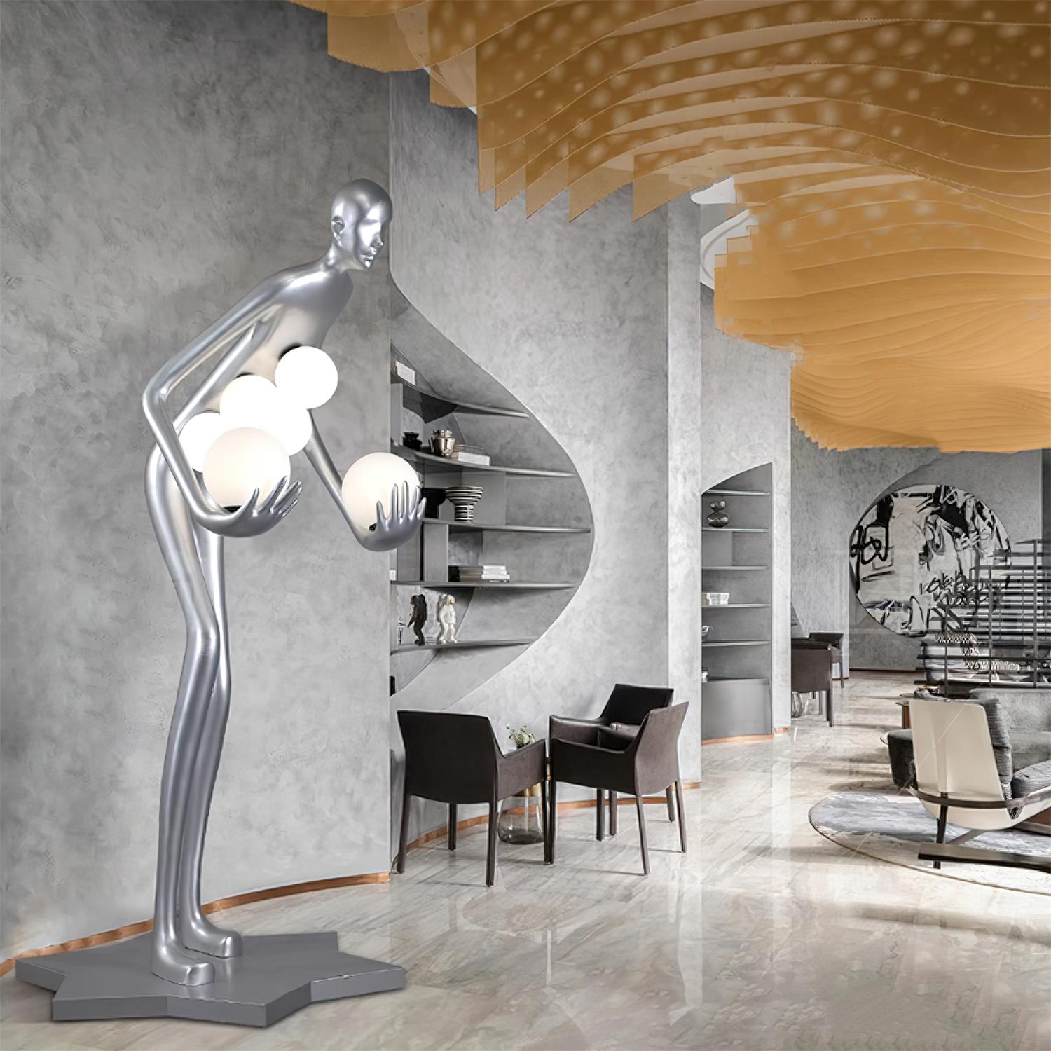 Silver humanoid sculpture floor lamp with multiple frosted light orbs, artistic contemporary design detail