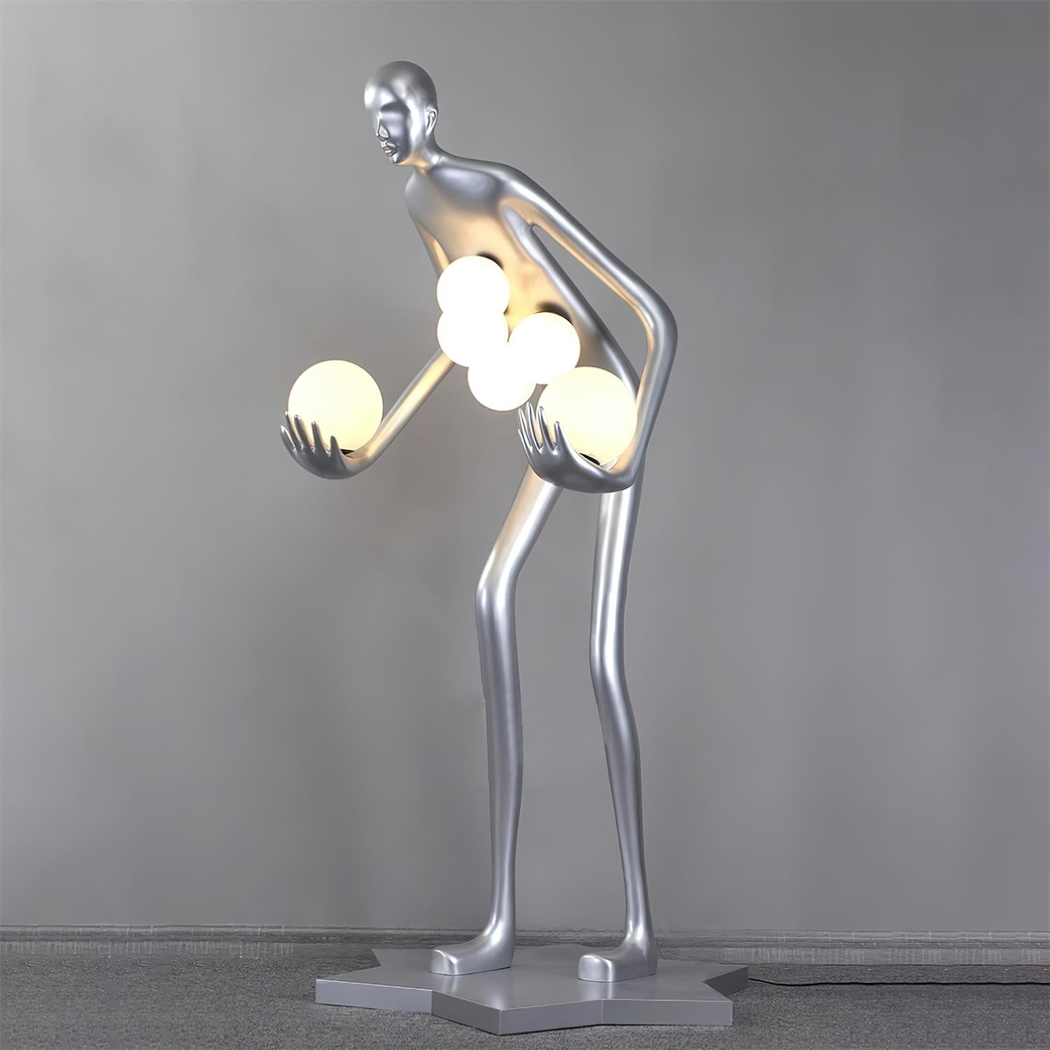 Milly artistic human figure floor lamp with frosted glass light spheres, contemporary sculptural lighting fixture