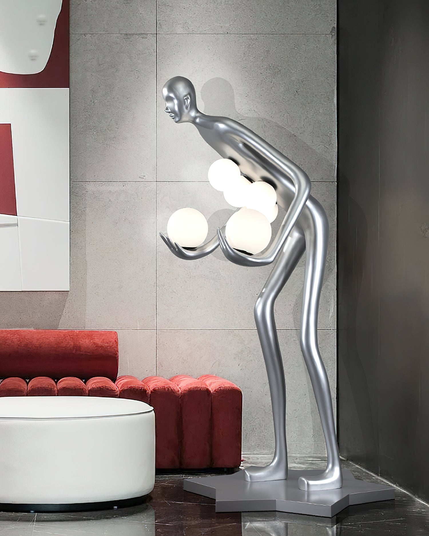 Contemporary art floor lamp with metallic human silhouette and frosted glass globe lights in modern living room