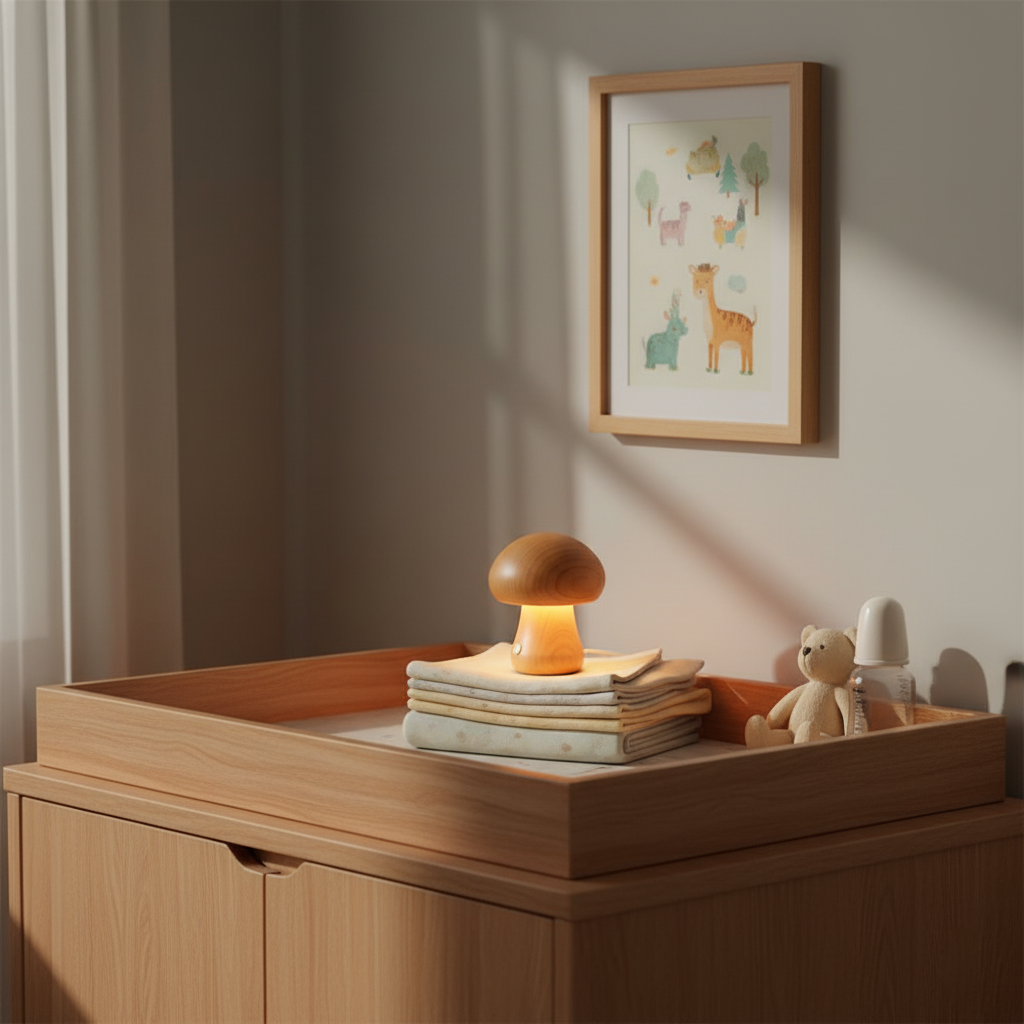 Wooden mushroom table lamp cordless design with USB charging port and three-color changing LED functionality