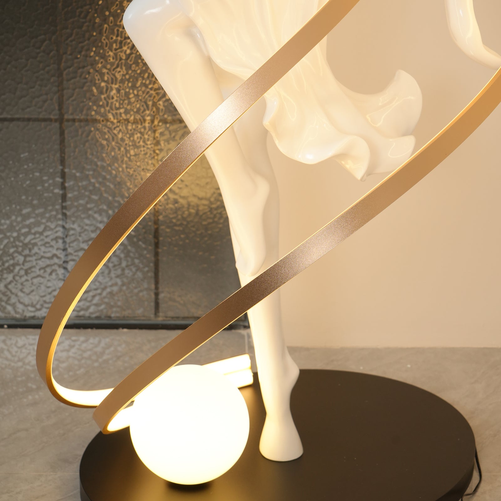 Goddess floor lamp comprehensive view displaying proportions in room environment with décor styling