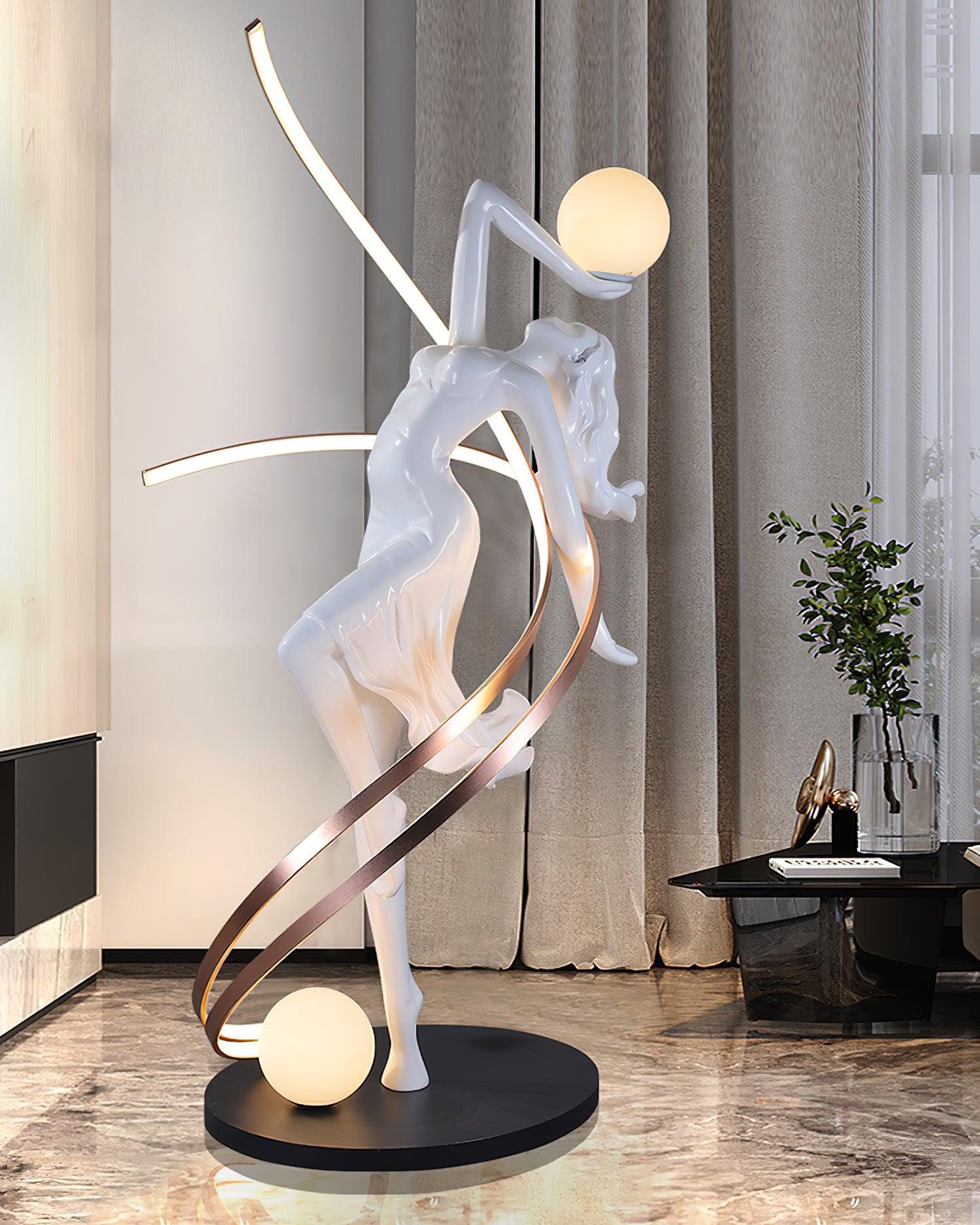 Goddess floor lamp three-quarter view showing sculptural depth and metal accent bands interplay