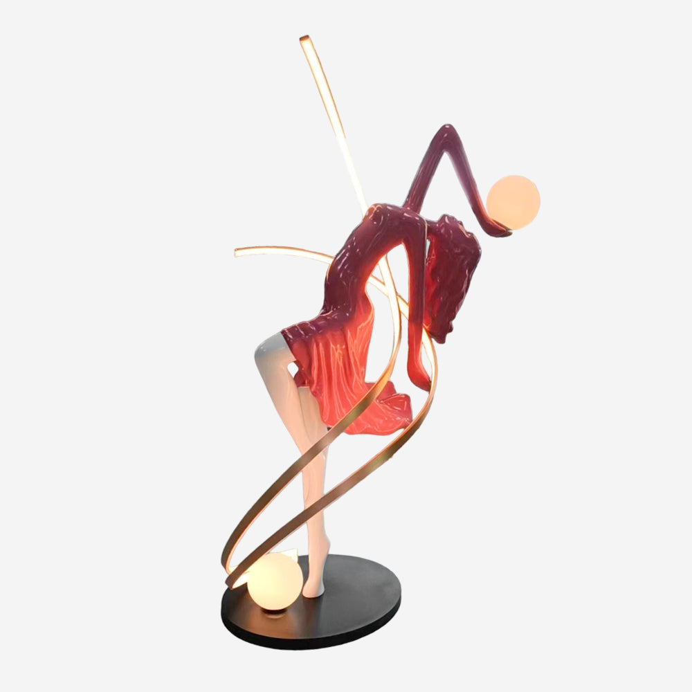 Goddess floor lamp in transitional design interior with layered lighting and warm color palette