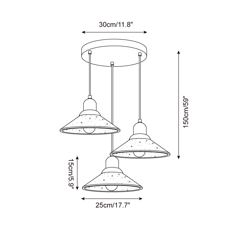 Three-saucer travertine pendant lamp technical blueprint uniform wide shades 30cm width 150cm height