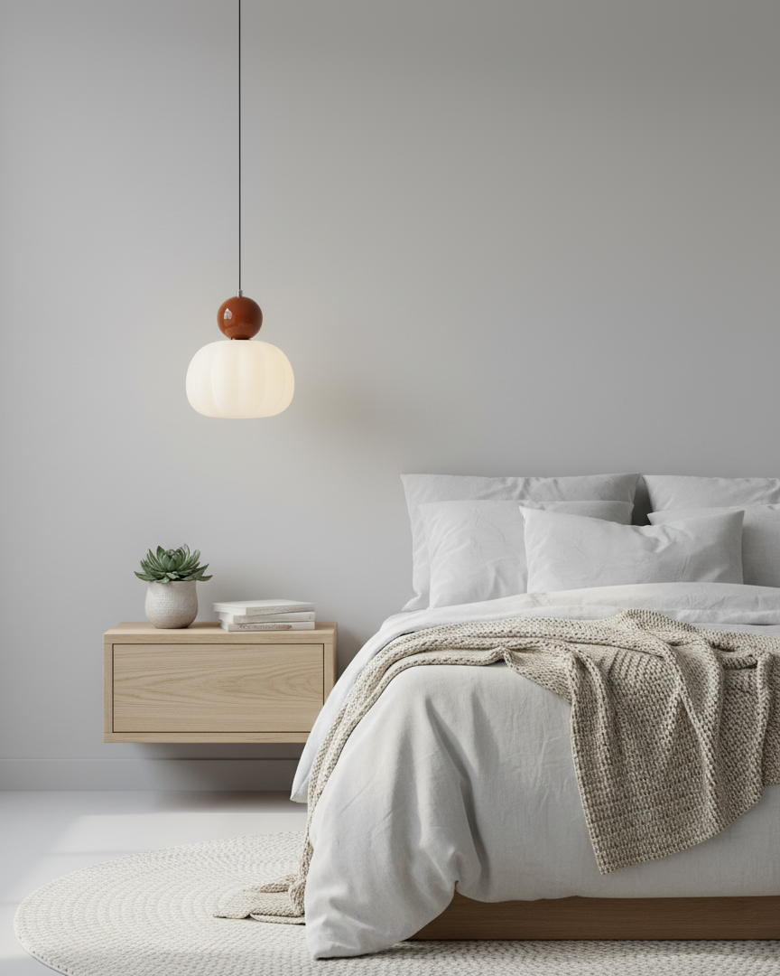 Morris pendant light in white acrylic ribbed shade with metal hardware - close-up detail view