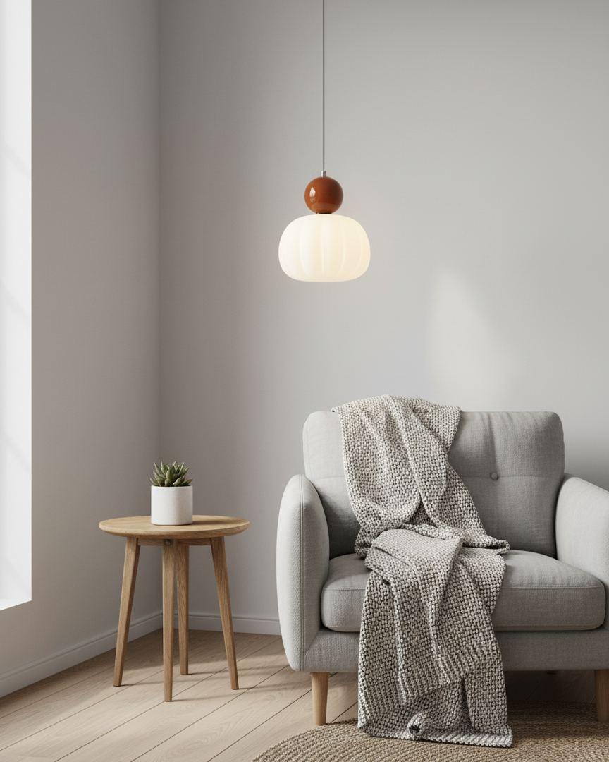 Contemporary pendant light with dark brown shade installed above side table in minimalist living room corner