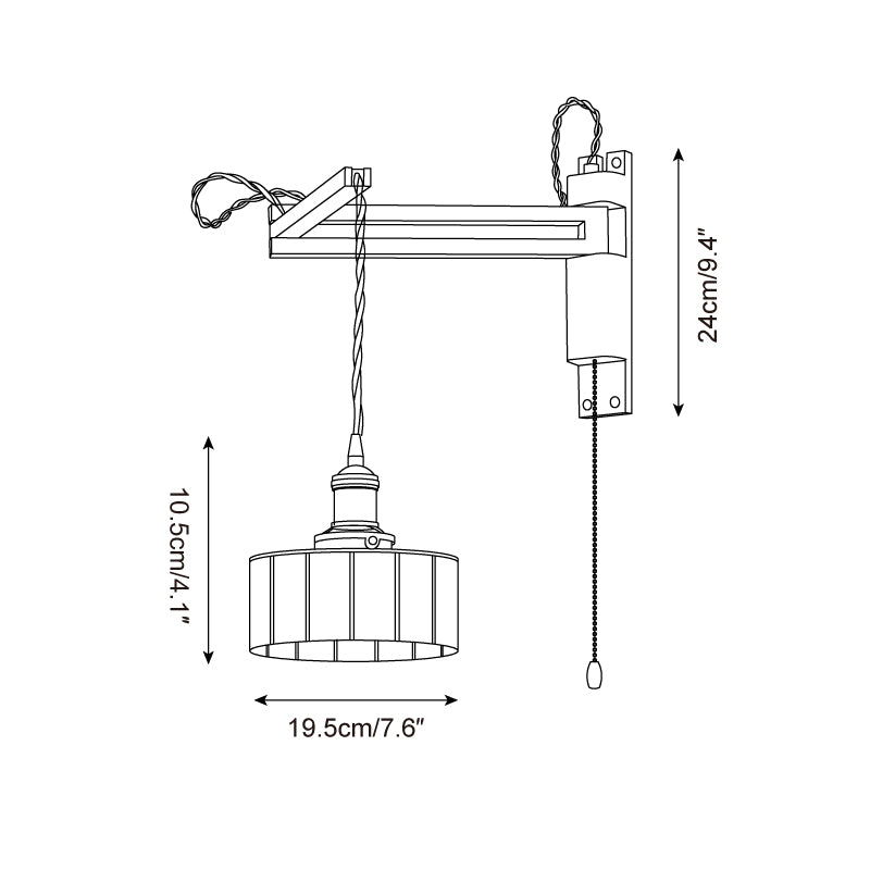Stained glass wall sconce technical orthographic view with flat cylinder grid shade, 19.5cm width and 10.5cm height model specifications for larger installation areas