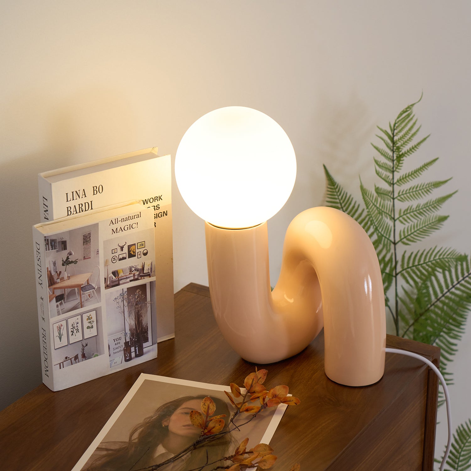 Modern N-shape glass table lamp texture detail of ceramic base matte finish surface quality