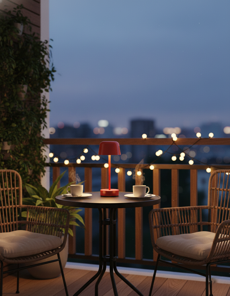 Yellow LED cordless table lamp glowing on outdoor terrace lounge creating cozy evening atmosphere
