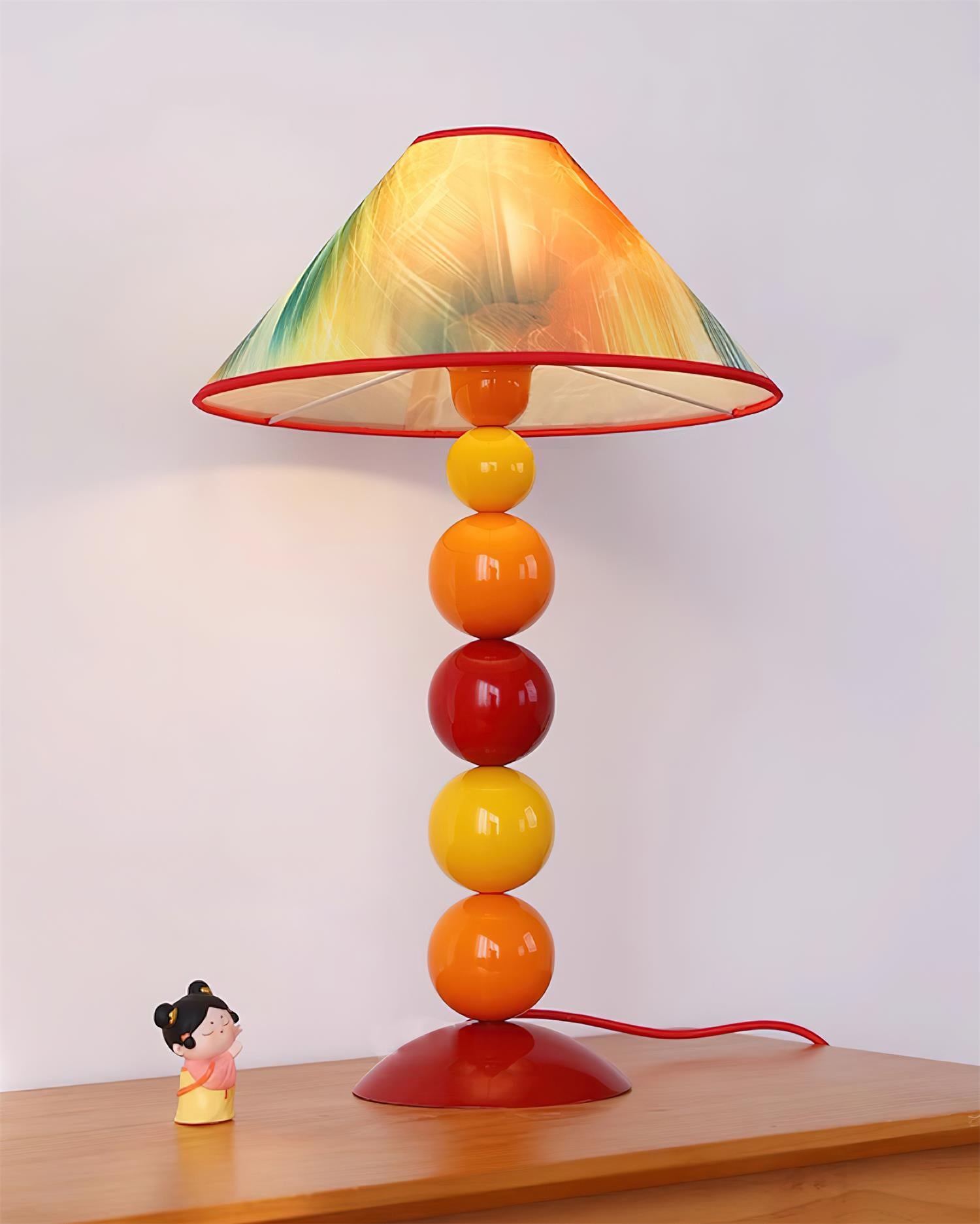Contemporary beaded table lamp with flowing artistic motifs on fabric shade - eclectic home decor accent lighting