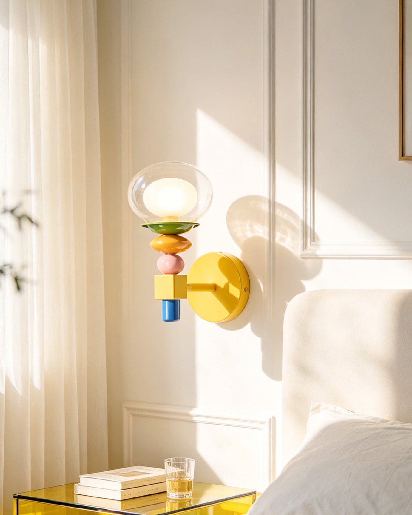 Popella Memphis-style wall sconce close-up detail of glossy stacked beads and clear glass shade