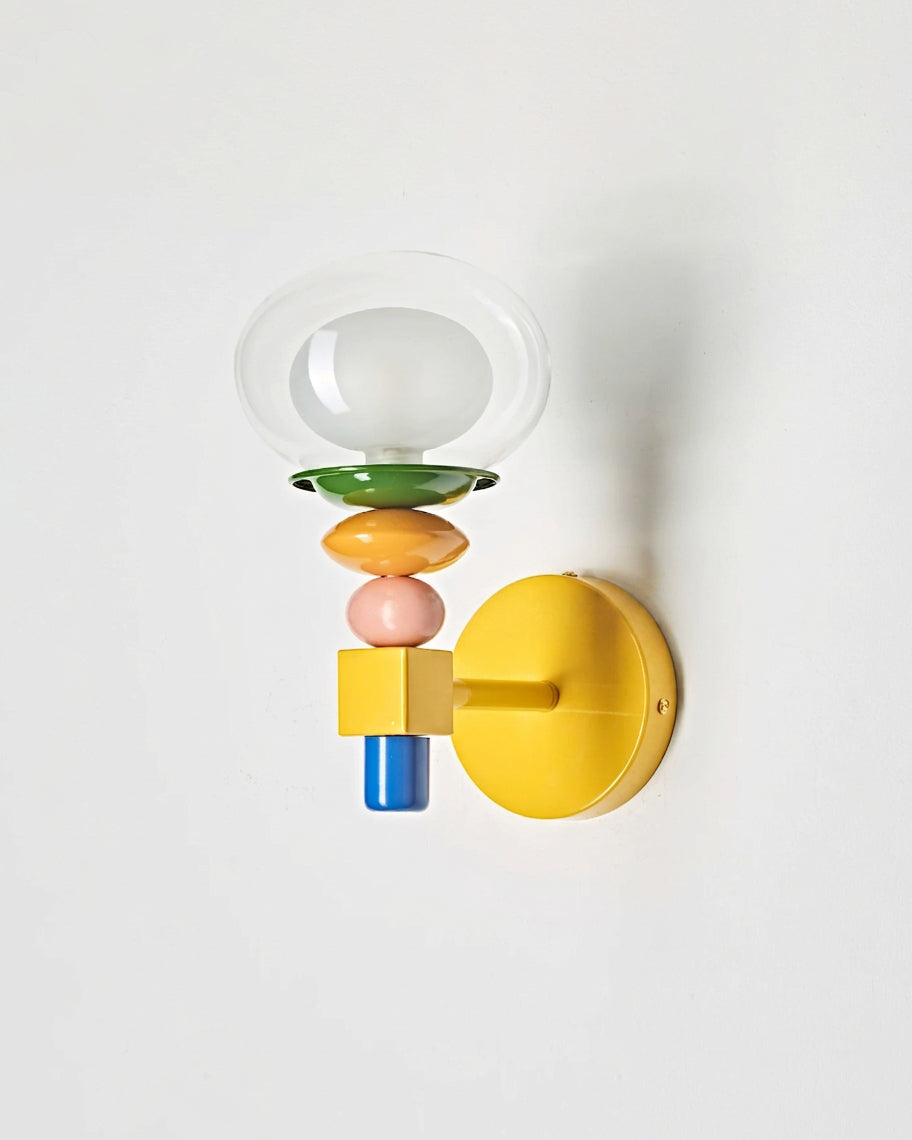 Popella wall sconce unlit side-front view showcasing full stacked bead assembly and glass globe design