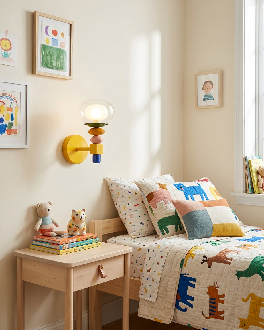 Popella sconce installed in colorful children's bedroom beside themed bed with playful wall art