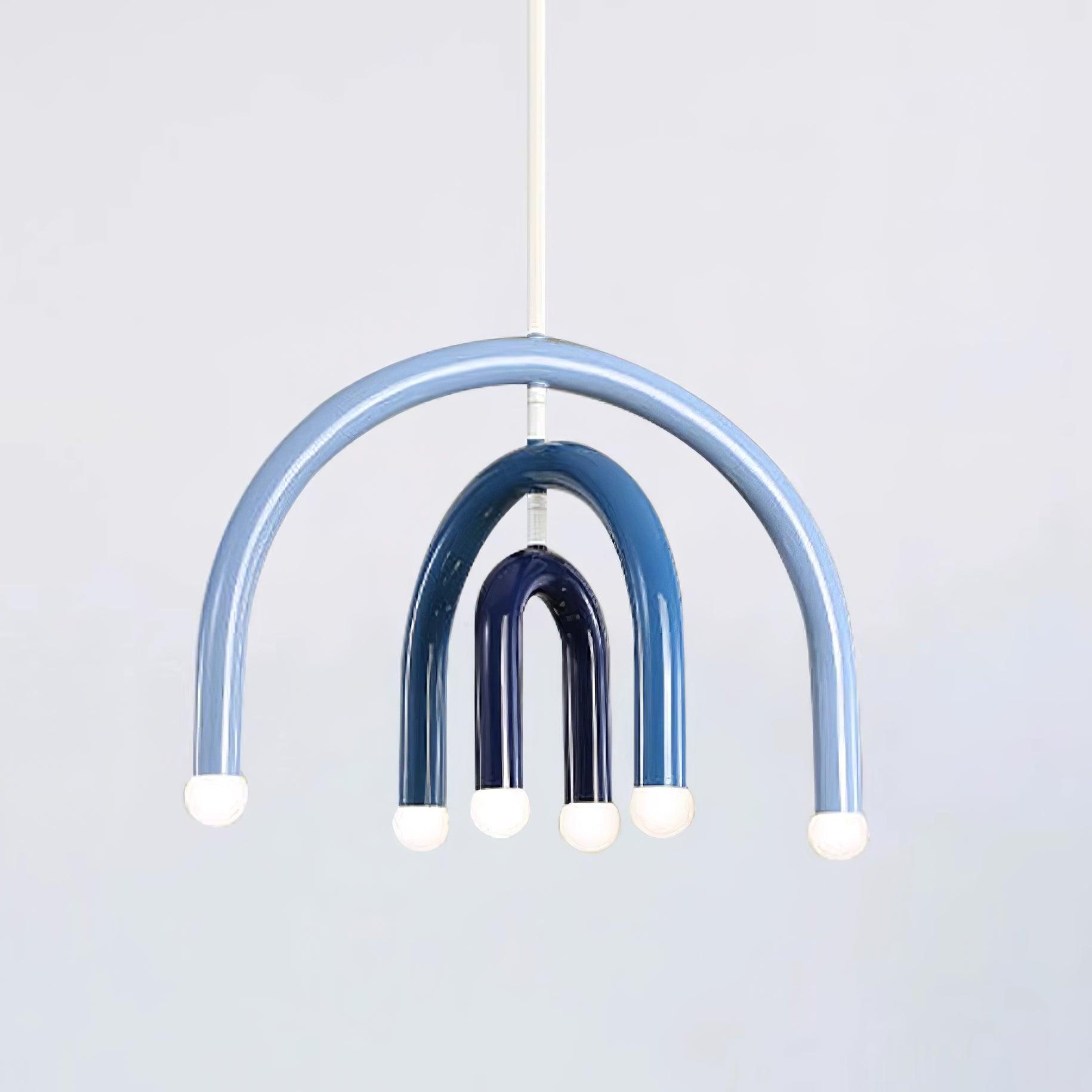 Dark blue rainbow arc pendant lamp in contemporary home interior design showcase