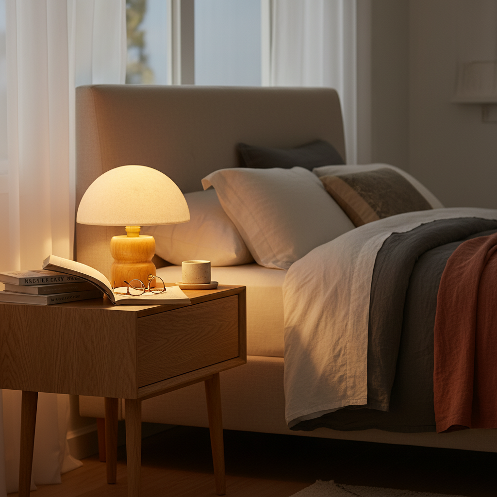 Close-up of warm glowing mushroom lamp on master bedroom nightstand with books, glasses and cozy bedding