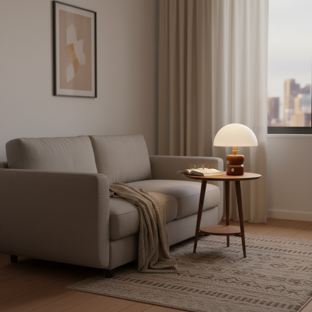Minimalist wood base mushroom table lamp creating warm accent lighting in neutral contemporary interior