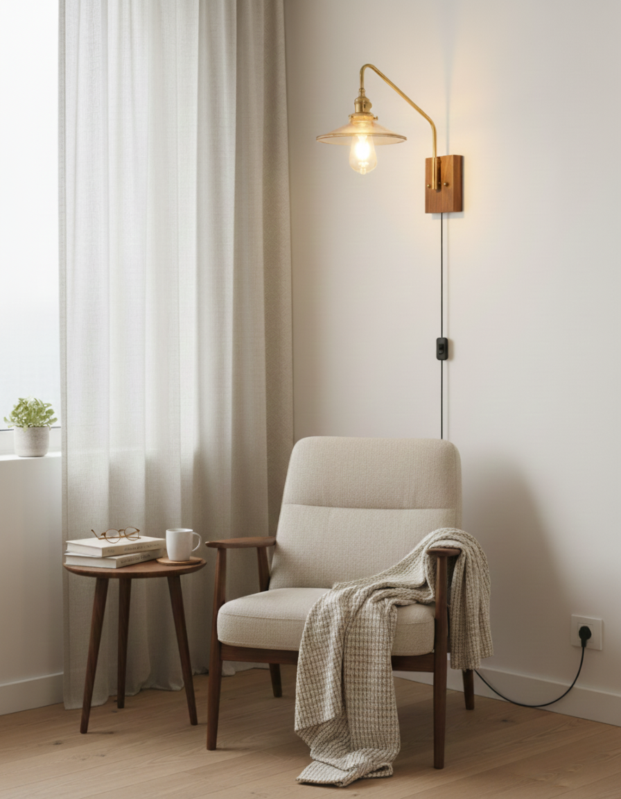 Wall sconce with pleated ceramic shade casting warm ambient light on neutral wall surface