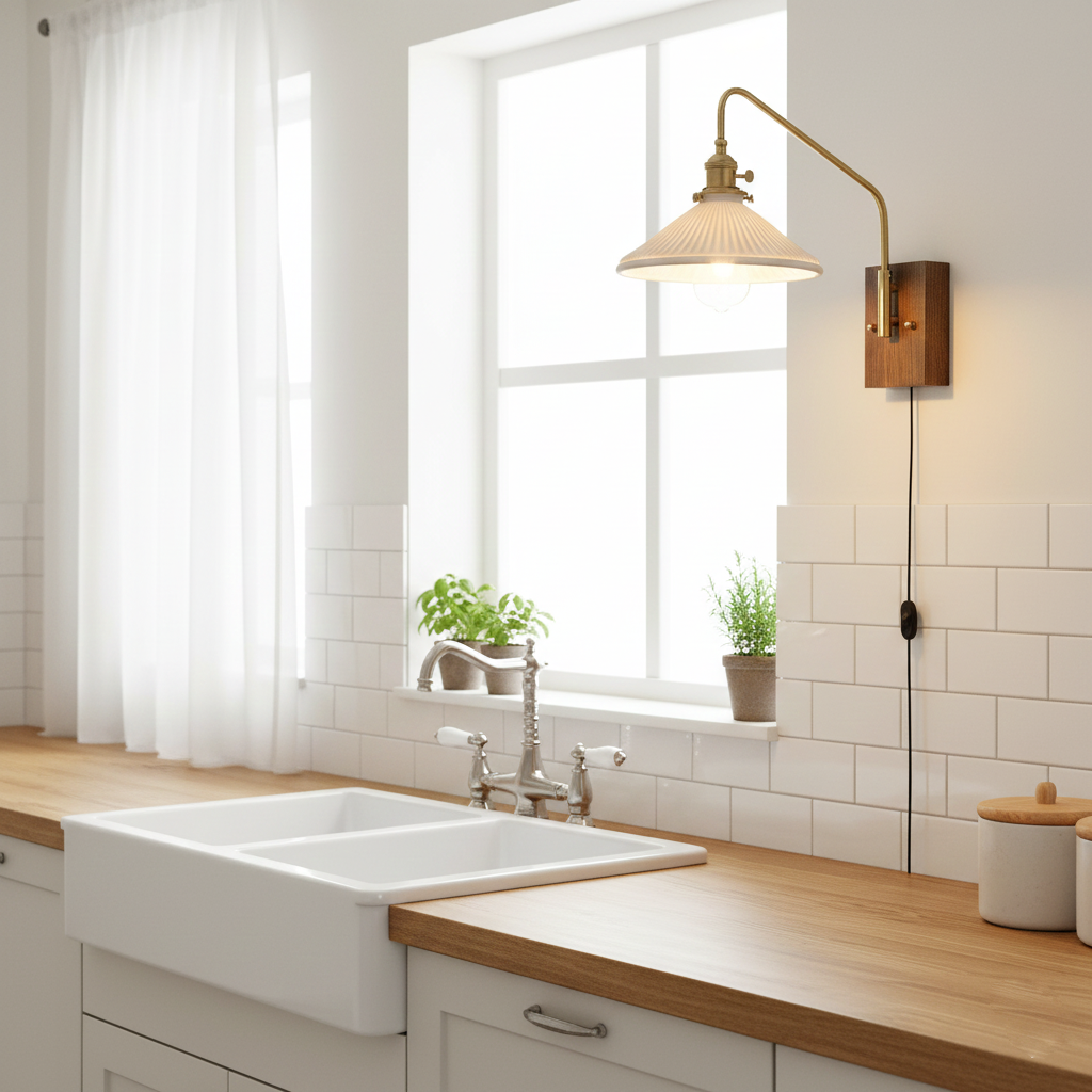 Retro plug-in wall sconce installed in farmhouse kitchen above sink as accent lighting fixture