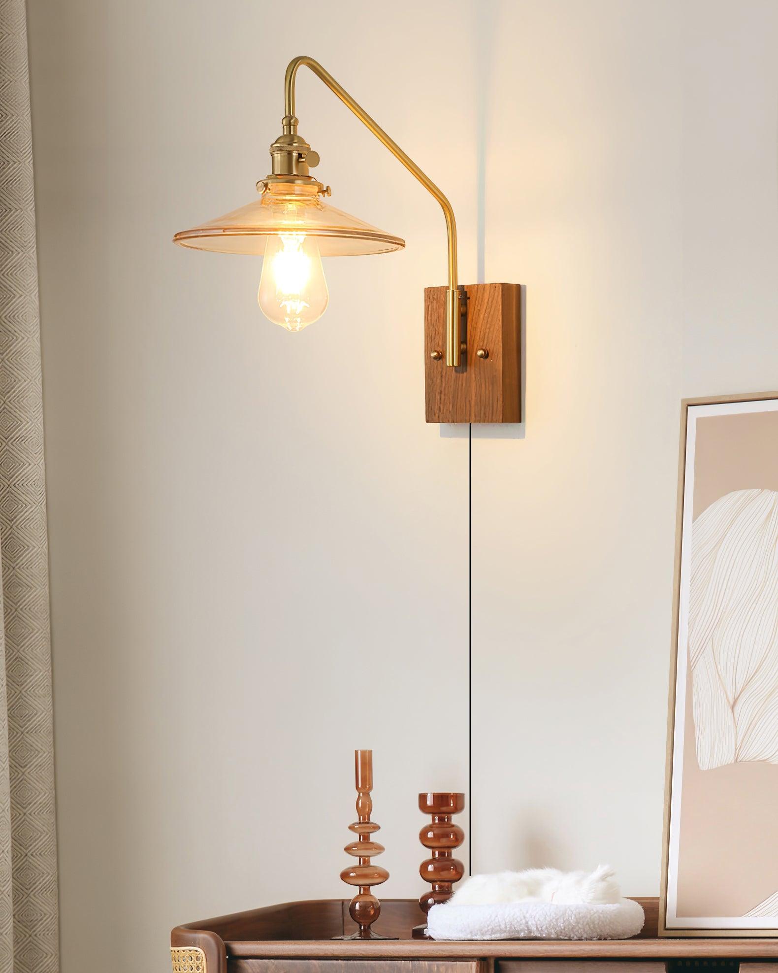 Retro plug-in wall sconce installed in modern living room above accent chair or reading nook