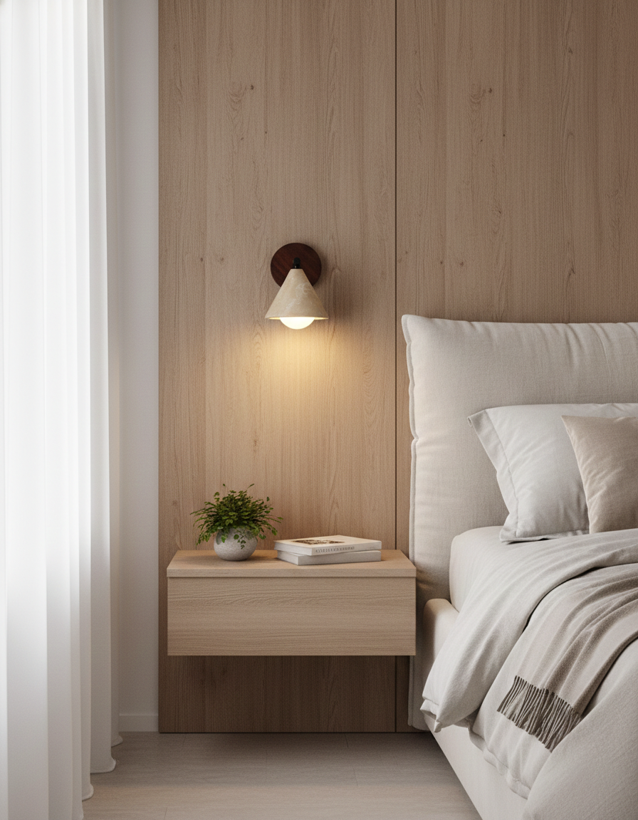 Close-up detail of travertine stone texture and natural surface characteristics on wall sconce