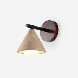 Travertine conical wall sconce front view with dark wood backplate and metal arm, modern minimalist stone lighting fixture