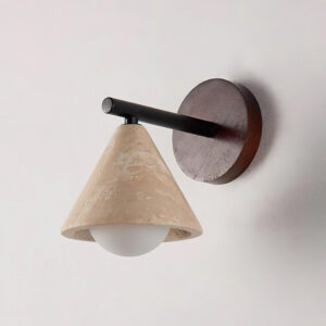 Travertine wall sconce rear three-quarter angle showing shade construction and white bulb compatibility