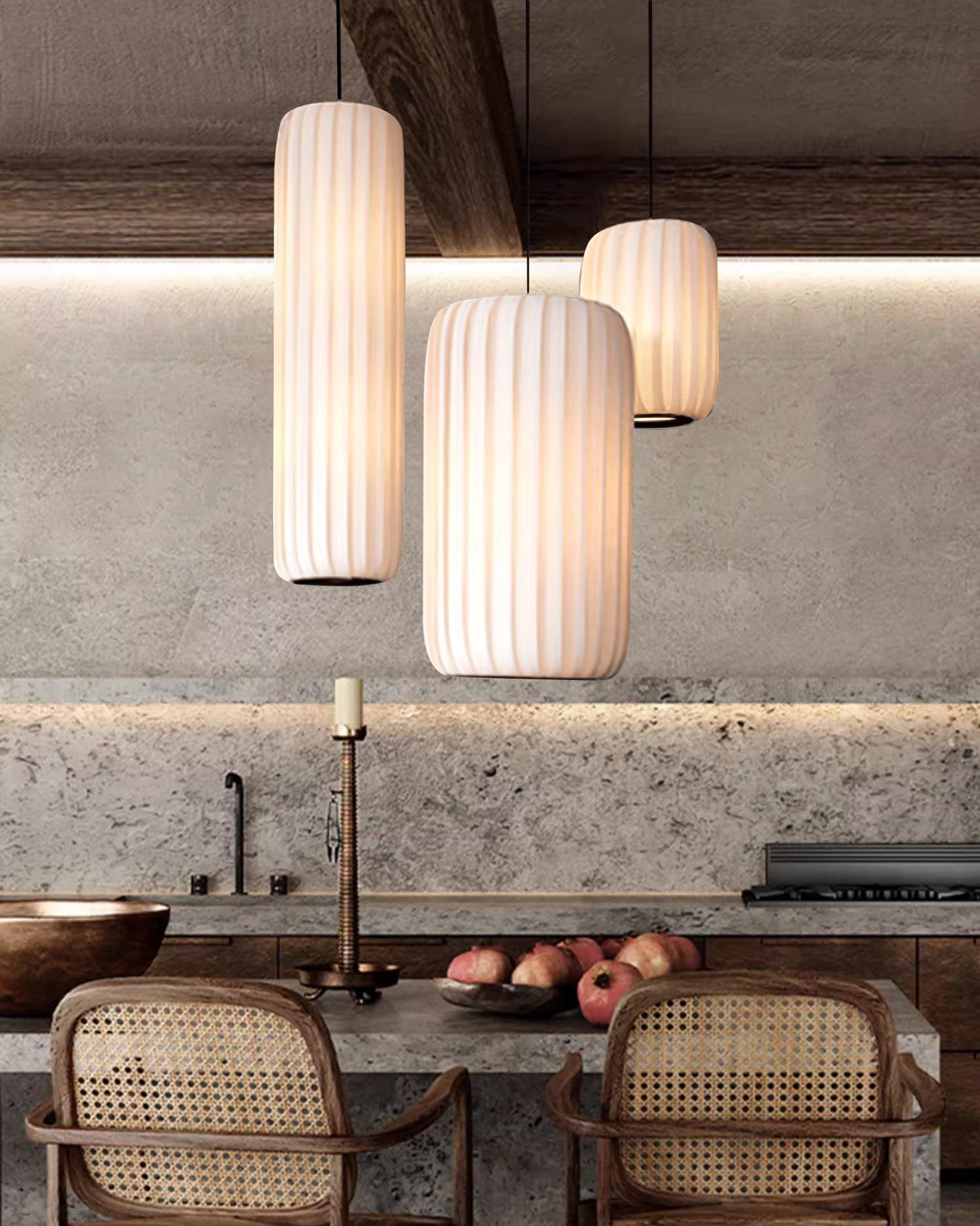Minimalist Zen-inspired fabric pendant light showing soft diffused light quality