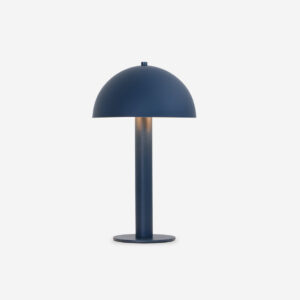 Navy blue mushroom table lamp with matte finish on white background - modern minimalist design