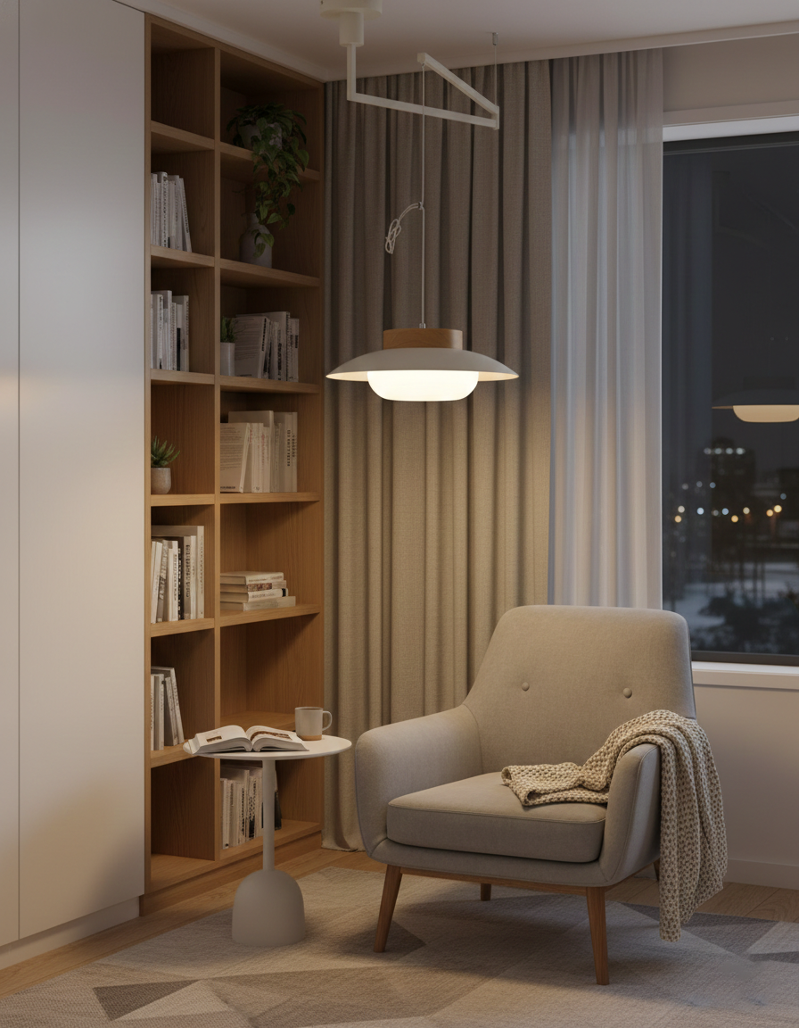 Swing arm pendant fixture mounted on sloped ceiling demonstrating ceiling adaptability and installation versatility
