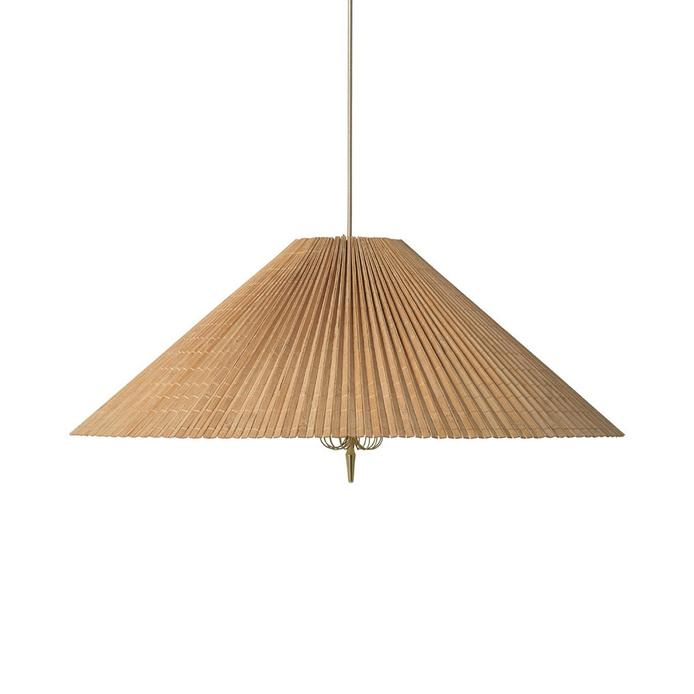 Conical pleated bamboo pendant shade with steeper cone geometry, studio front view detail