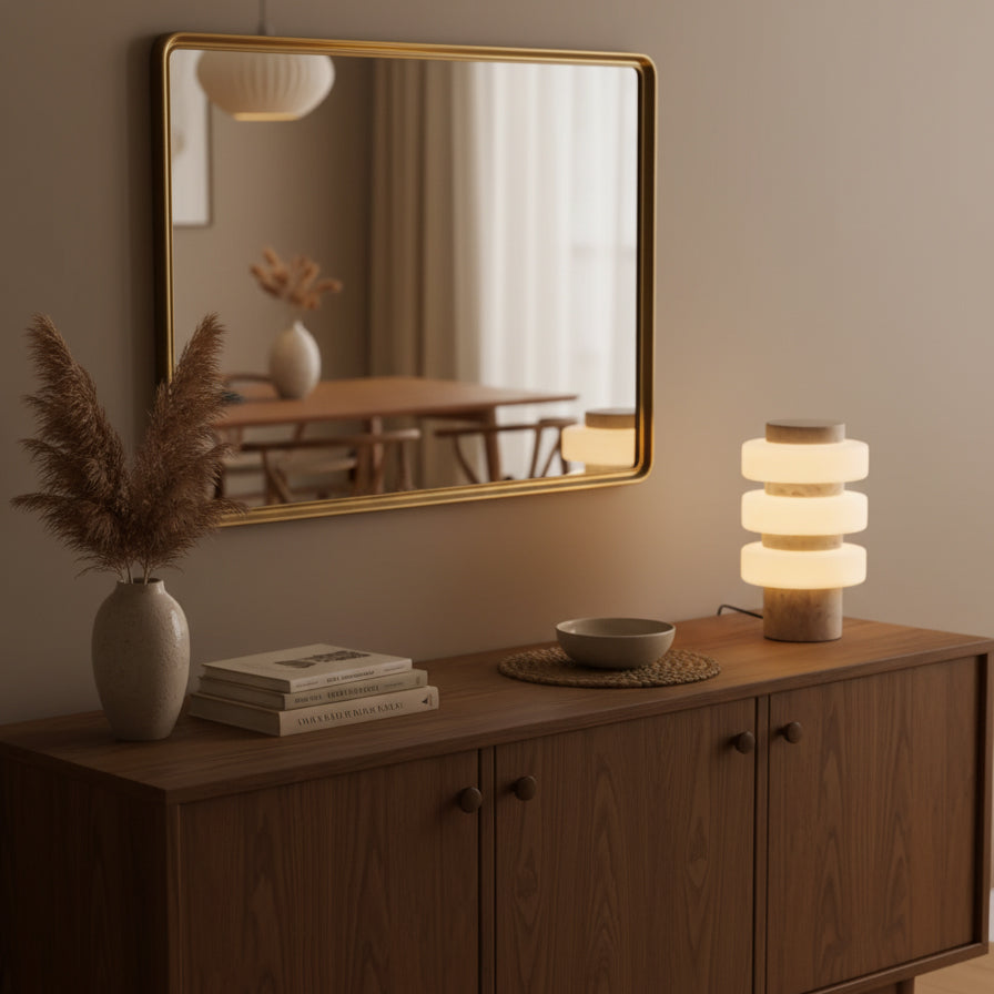Strata sculptural table lamp on dining room sideboard with gold mirror and dried floral arrangements, minimalist dining decor