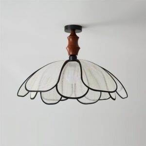 Modern petal-shaped ceiling light with translucent fabric shade and elegant black edging, contemporary fixture design