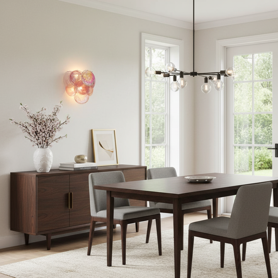 Pink-tinted Talia glass bubble wall sconce in modern dining room mounted above wooden sideboard with home décor accessories and warm lighting